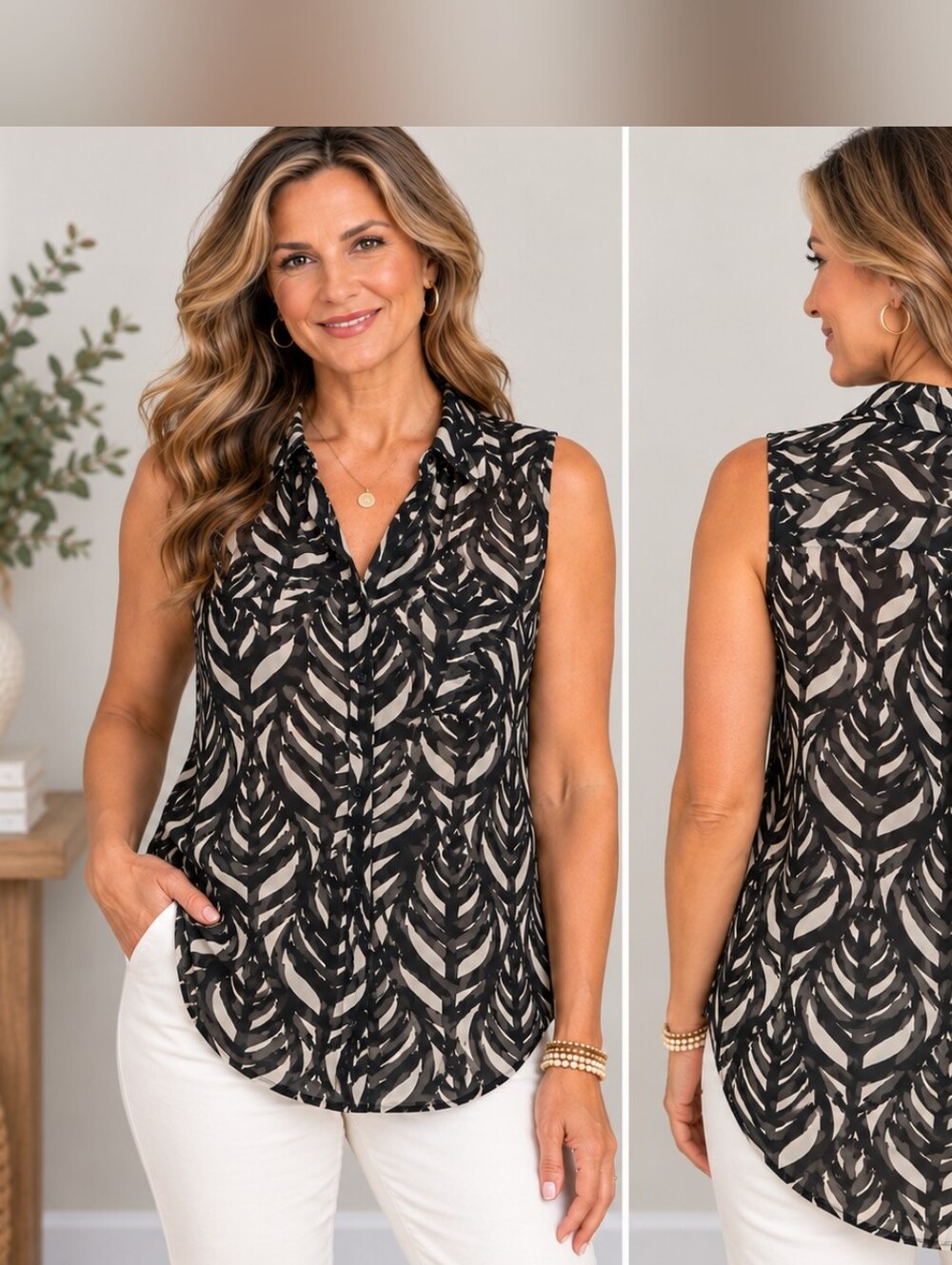 Liz Claiborne Petite Black Cream Leaf Print Sleeveless Blouse PXL A359